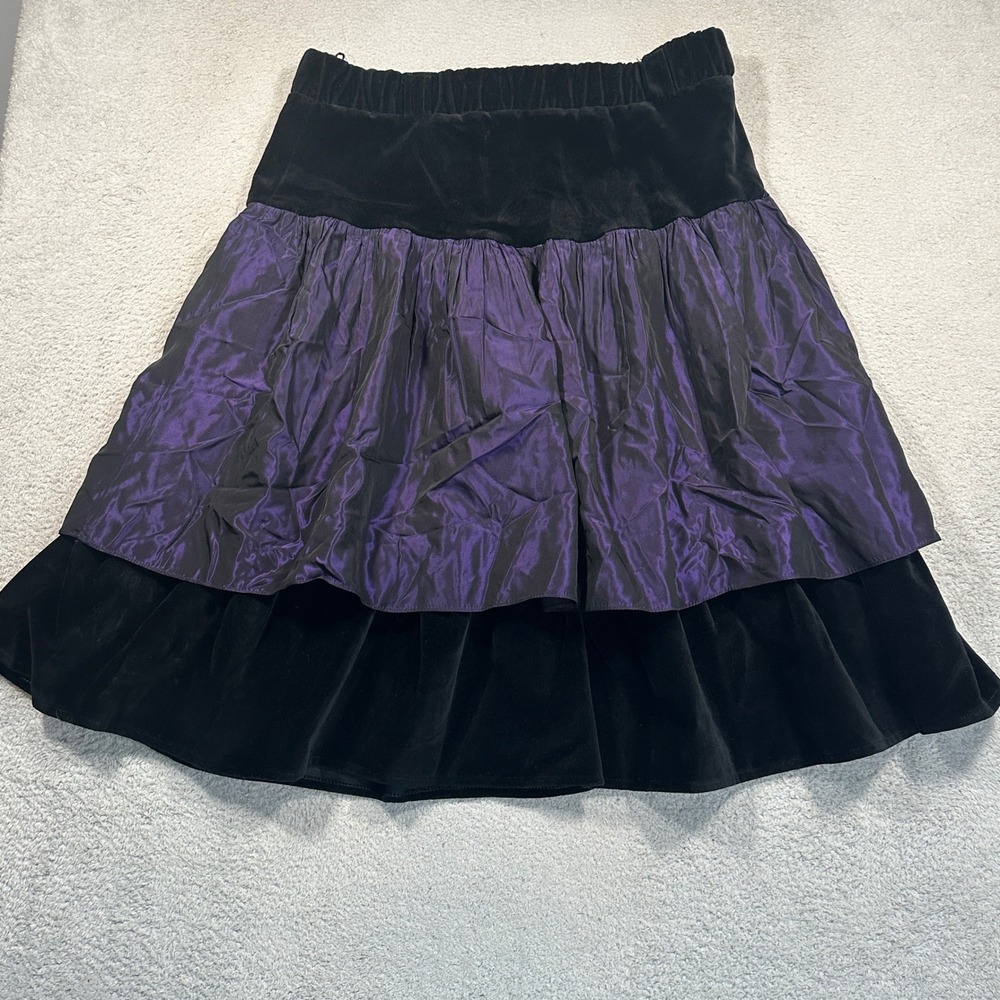 Vintage 80s Berek Tiered Velvet Taffeta Black Purple Ruffled Skirt Women Small